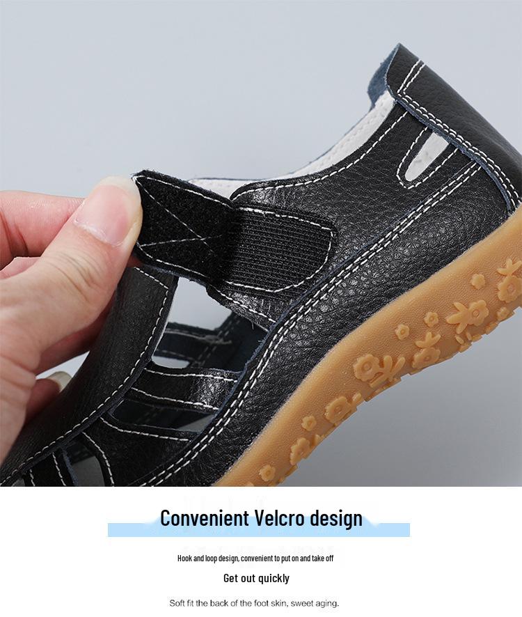 Summer Retro Handmade Cowhide Velcro Sandals with Soft Sole