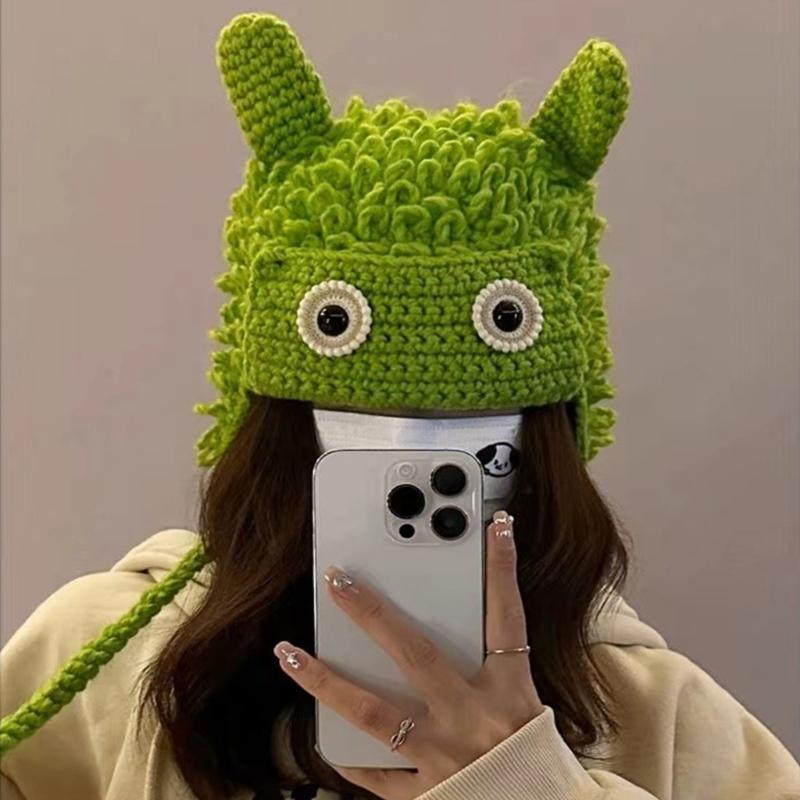 Winter Warm Knit Hat for Women Funny Monsters Hat Hooded Skull Hat Outdoor Activity Cap Windproof Headwear Pullover Hat