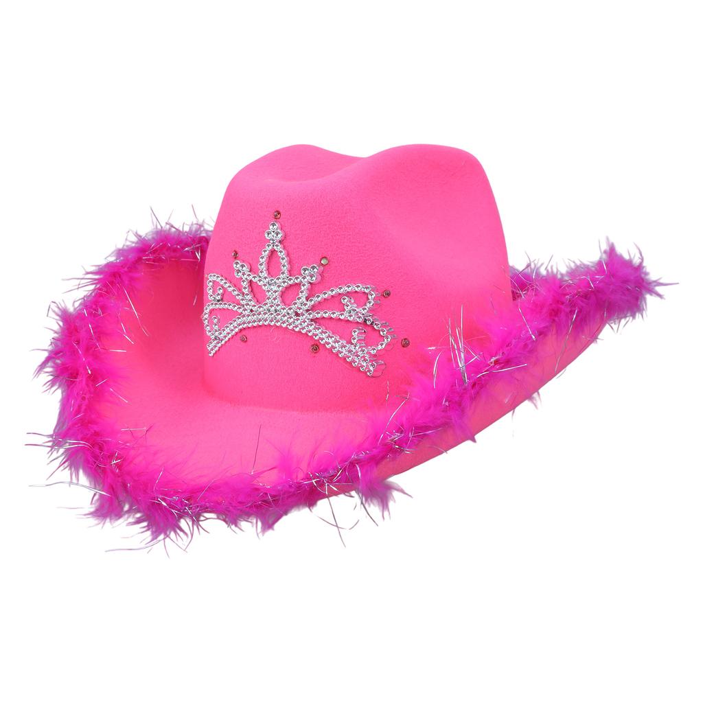 Wedding Party Cowboy Hat Adult Woman LED Feather Tinsel Brim Hat Fedoras Felt Cowboy Hat with Rhinestone Crown Decor