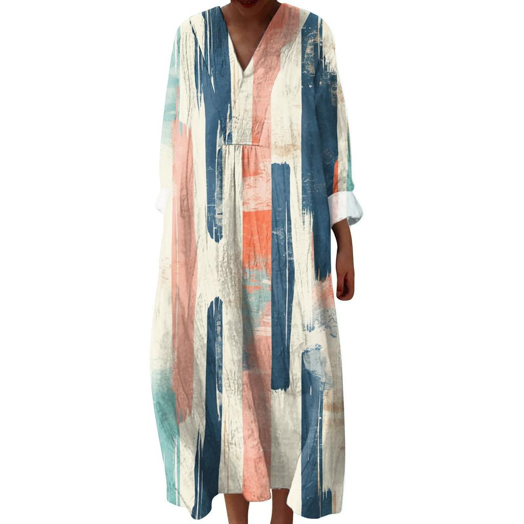 Women's Casual And Fashionable V-Veck Flower Print Long Sleeved Dress Long Sleeved Dress