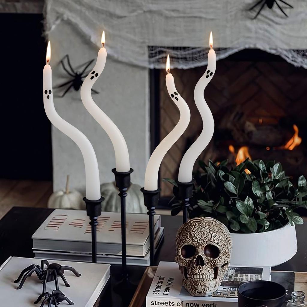 4 Pack Cute Ghost Taper Candles Halloween Tables Twisted Candle Halloween Ghost Candles for Living Room Table Shelf Kitchen