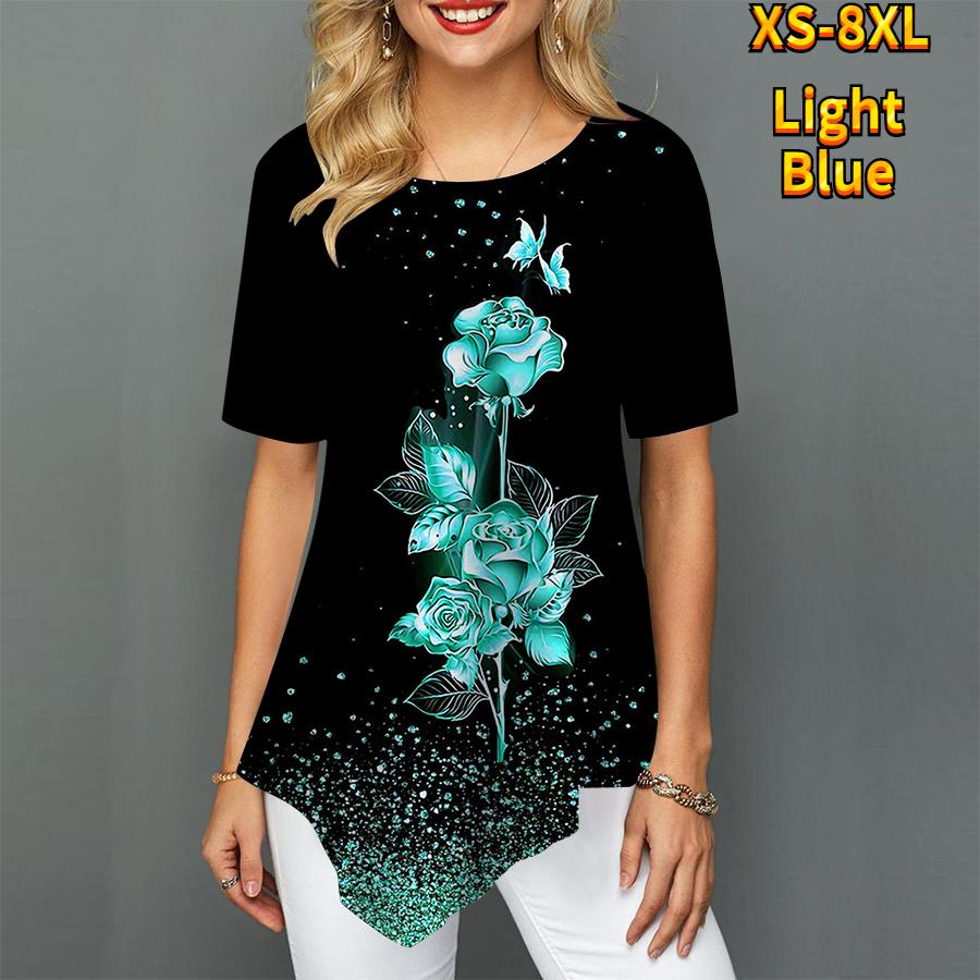 

Жіночі футболки великих розмірів, кольорові вільні повсякденні топи з принтом баугінії, жіночий літній одяг нестандартної форми 8XL світло-синій колір