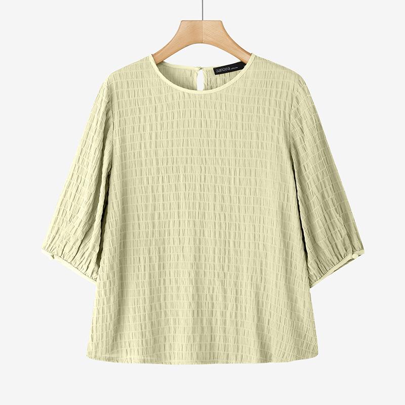 ZANZEA Women's Casual Textured O-neck 3/4 Sleeve Loose Blouse
