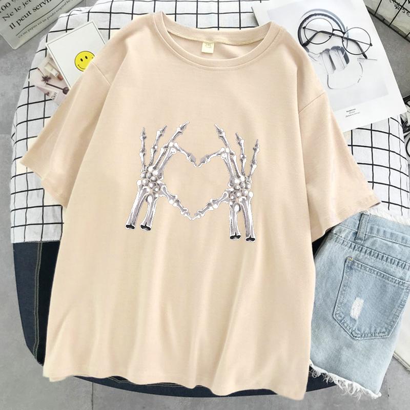 Skelettfinger Vergleichen Mit Dem Herz-Print Damen T-Shirt Street Casual T-Shirt Übergroße Weiche T-Shirts Baumwolle Atmungsaktive T-Shirts