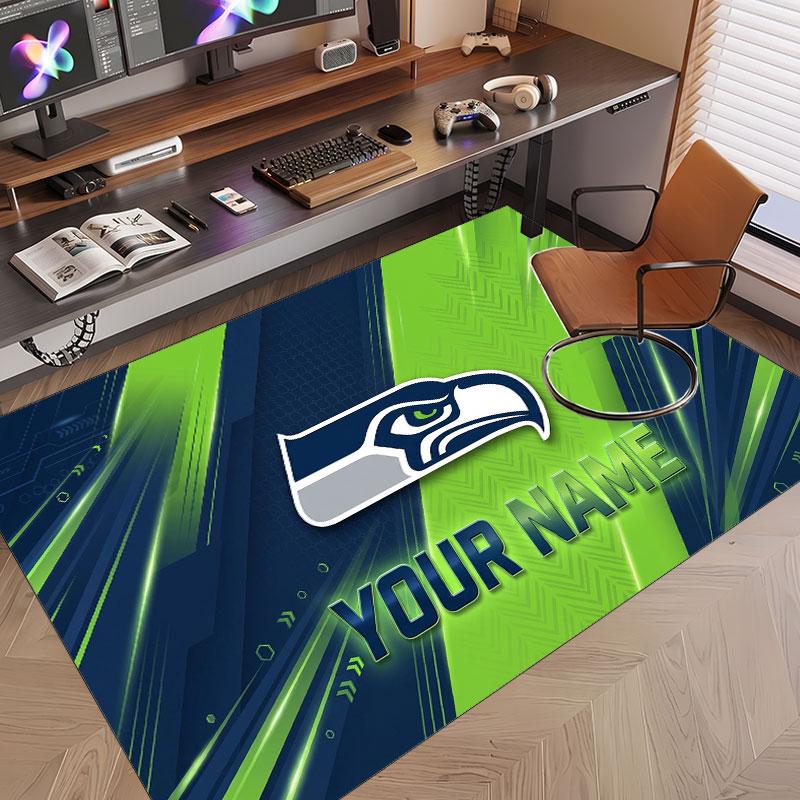 Custom Rug Seattle Seahawks Pattern Print Name Text Soft Non‑Slip Floor Carpet for Home Indoor Decoration