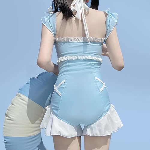 [Cosplay Kingdom] Lolita-style frilly swimsuit, ribbon decoration, off-shoulder, one-piece swimsuit (JP, alphabet, L, girls (small), light blue)