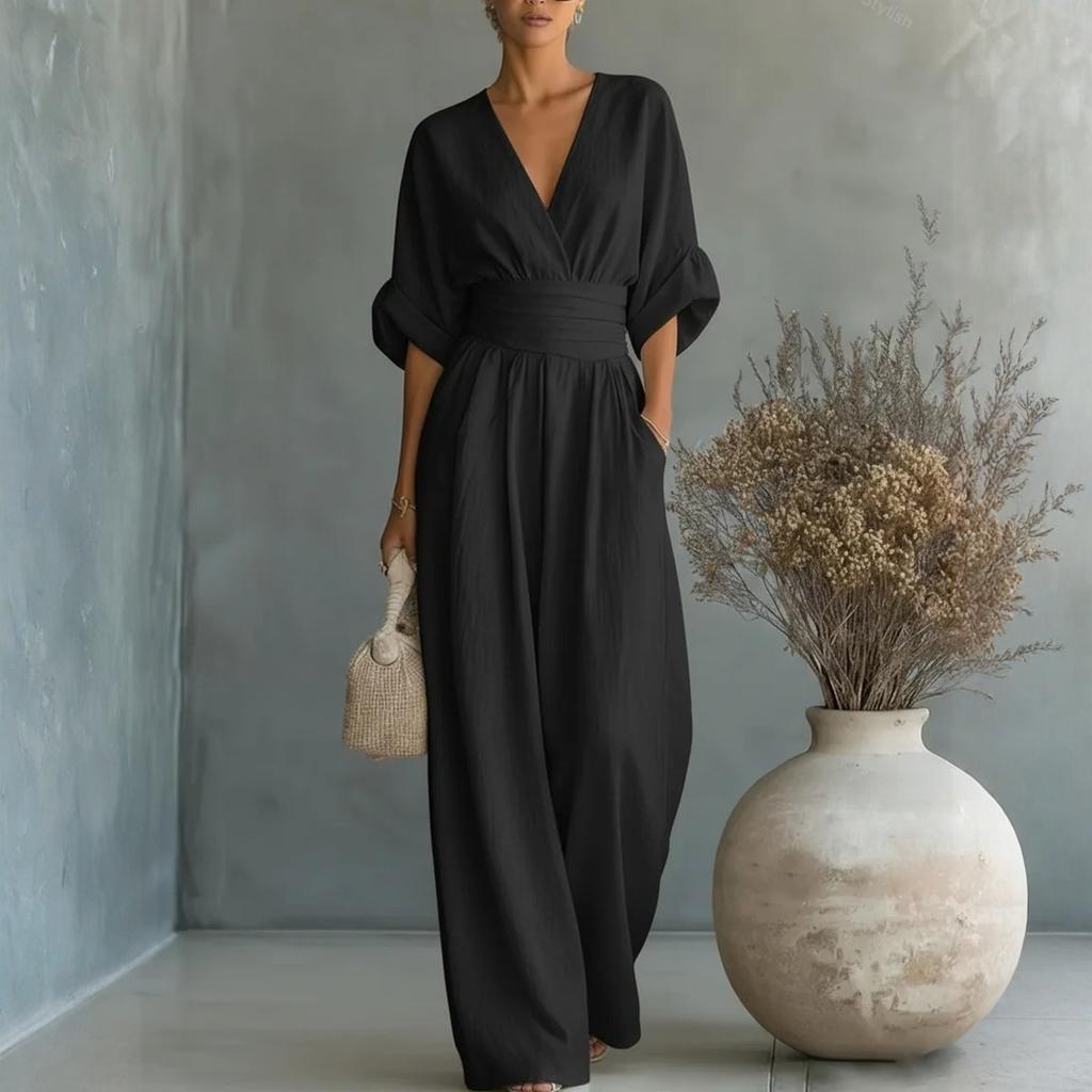 Damenmode Farbe Schlanke Taille V-Ausschnitt Jumpsuit