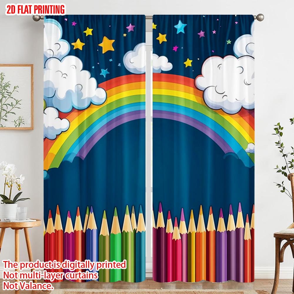 2pcs  2D Plane Printing Print Curtains Happy Back To School Polyester Fabric (without Rod) Home Decor for Bedroom & Various Rooms