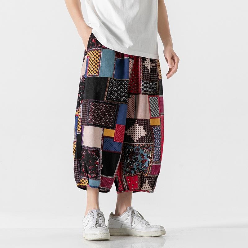 Cotton and linen summer new Chinese style men's casual trousers men's printed large size fashion wide-leg trousers