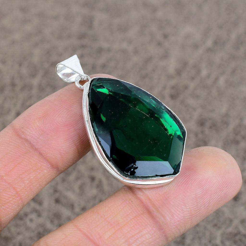 Chrome Diopside Gemstone Handmade 925 Sterling Silver Jewelry Pendant 1.77" KKG-33