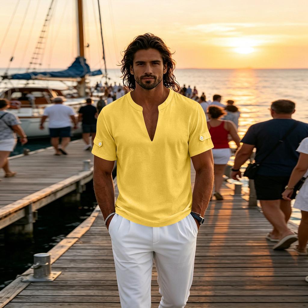 Camisa Henley Casual de Manga Corta para Hombre, Cuello en V, Estilo Polo de Verano, Tejido Ligero y Transpirable, Ajuste Cómodo