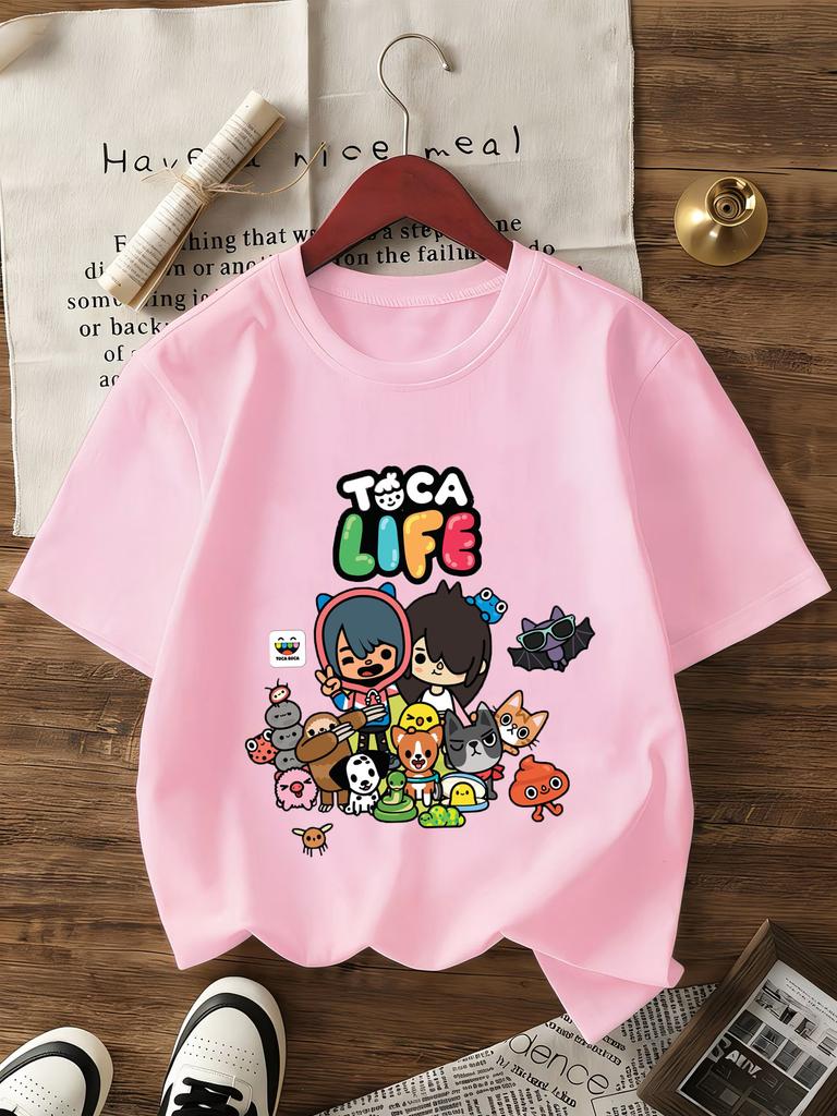T-shirt Grafica Toca Life World per Bambine Bianca Rosa Manica Corta T-shirt Moda Top per Bambini Cotone Estate Casual Girocollo Maglietta