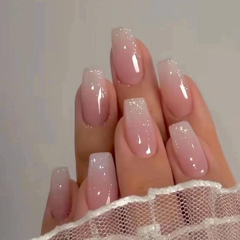 Medium-Length Baby Pink Gradient Glitter Ballerina False Nails - Sweet Fashion Art Pieces