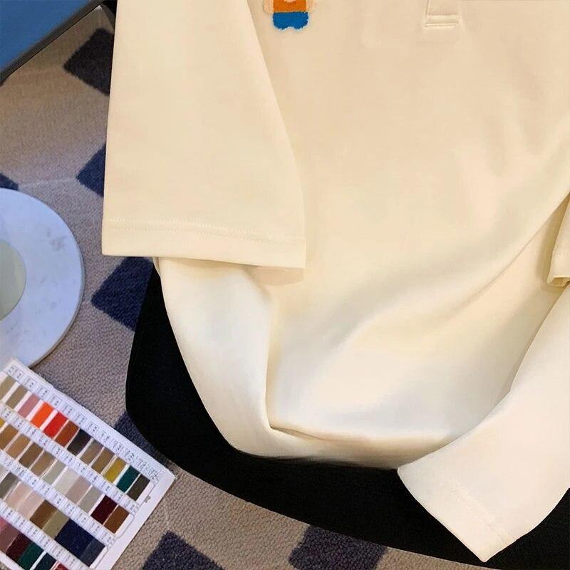 Preppy styl bílé tričko s polo výstřihem léto volné ležérní dámské tričko s krátkým rukávem korejské jídlo oversized styl top