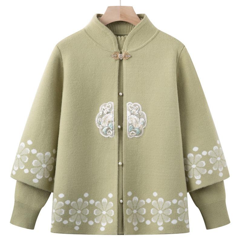 Mom's Sweater Jacket Women's Autumn Knitted Sweater Two-piece Set Grandma Clothes