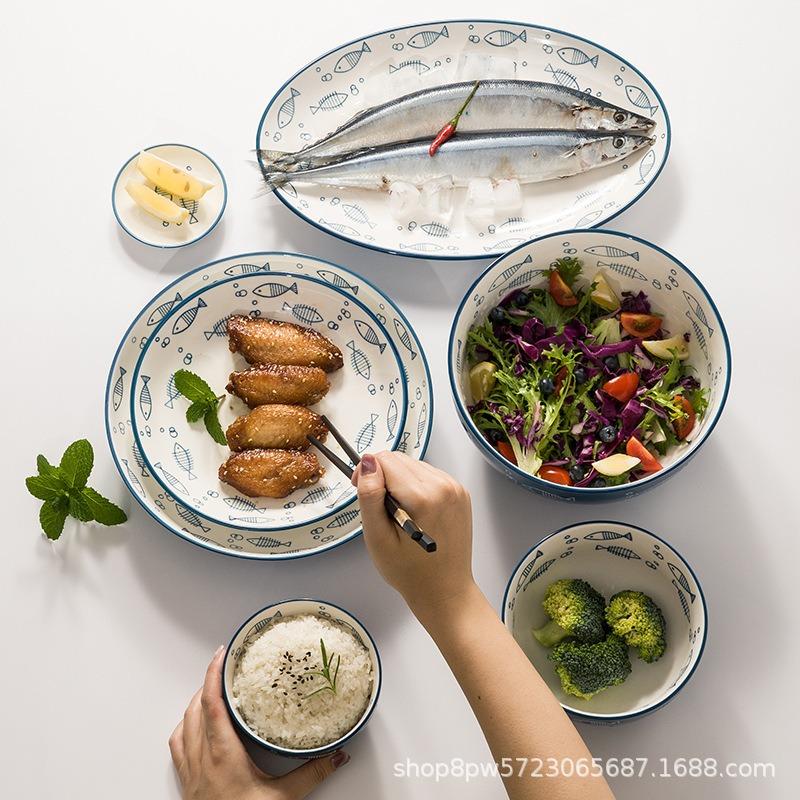 Dish Set Cute Ceramic Salad Bowl Noodle Bowl Soup Bowl Rice Bowl Plate Vegetable Plate Fish Plate Household Tableware