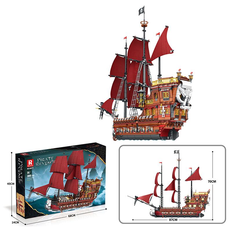 3066PCS Red Sail Boat Building Blocks Queen Anne's Revenge Pirate Ship Model Bricks Toys Creative Desktop Decoration Kids Gift