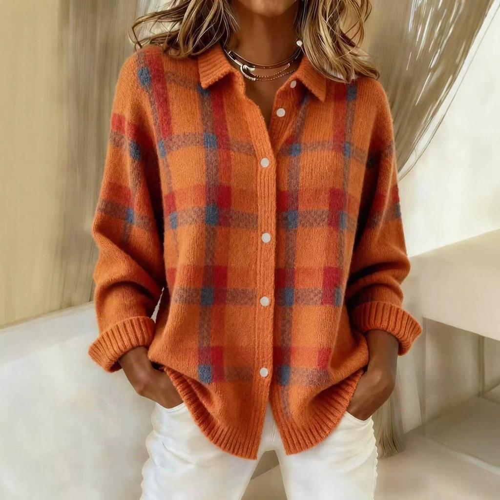 Blue and Orange Checkered Cardigan with Button Front and Ribbed Hem