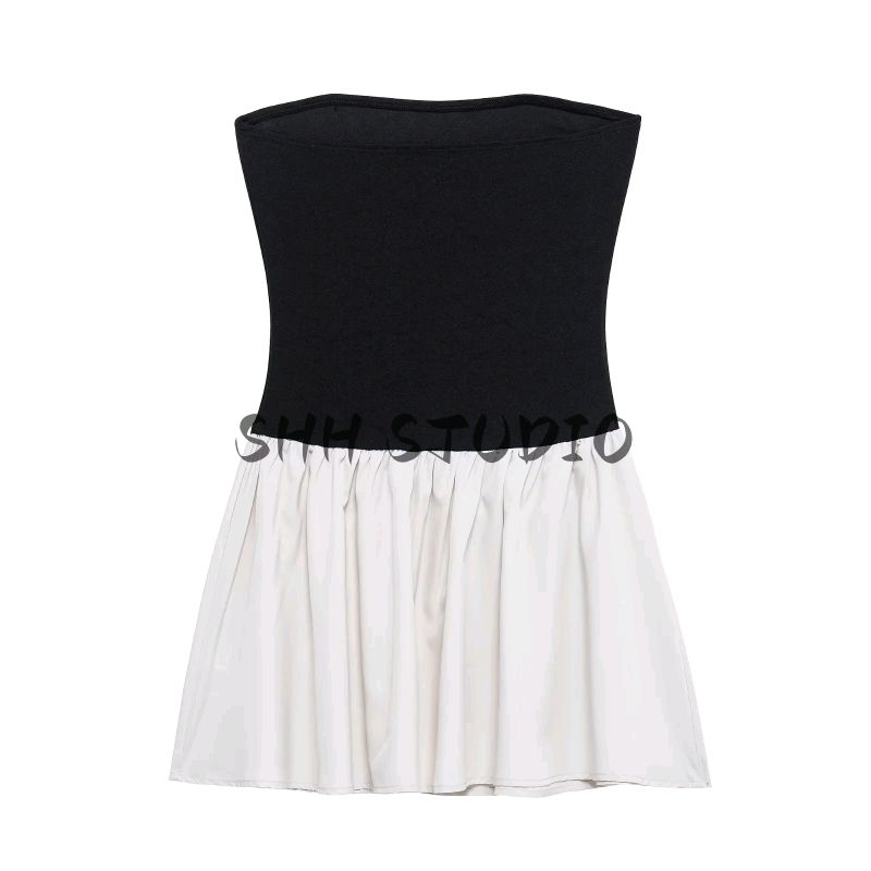 Women's Spring Clothing French Style Sexy Word Collar Sexy Contrast Color Stitching Pleated Silm High Waist A- Line Dress