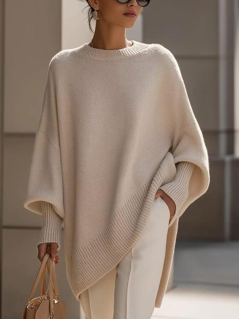 2025 Autumn/Winter Women's Solid Color Round Neck Knit Pullover Sweater - Loose, Lazy Style
