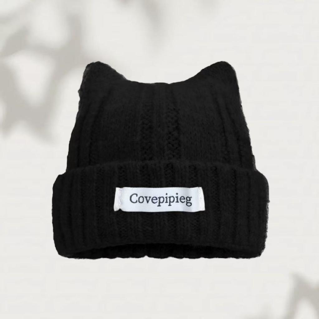 Cat Ear Beanie for Women Winter Warm Ear Protection Hat Solid Color Crochet Bonnet Sweet Girl Knit Pullover Cap Skullcaps