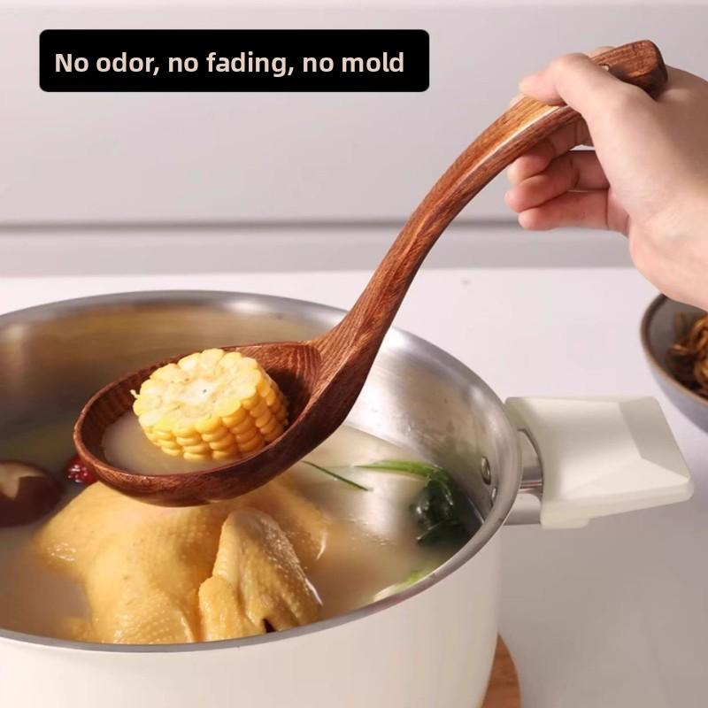 1pc Non Stick Wooden Cooking Spoon Solid Anti Scalding Soup Ladle Heat Resistant Kitchen Utensil For Daily Cooking Use