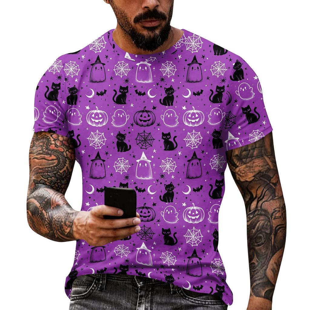 Women Halloween Short Sleeve T Shirt Round Neck Pumpkin Web Print Casual Lightweight Top S XL