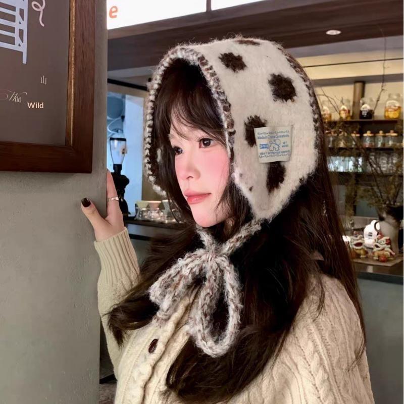 Womens Cute Polka Dot Fuzzy Knit Ear Flap Hat Soft Warm Fabric Adjustable Tie Strings For Winter Daily Wear Outdoor Activities