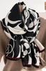 Black and White Scarf with Graphic Flowers - Modern Pattern, 100% Viscose, 178x66