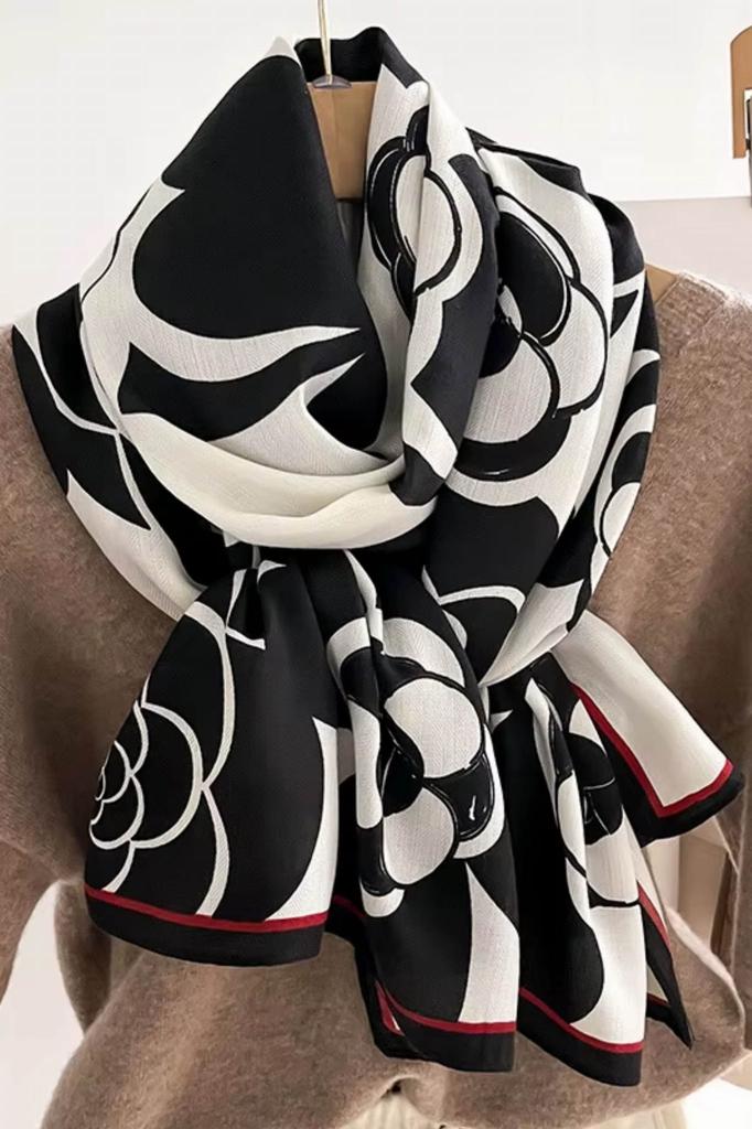 Black and White Scarf with Graphic Flowers - Modern Pattern, 100% Viscose, 178x66