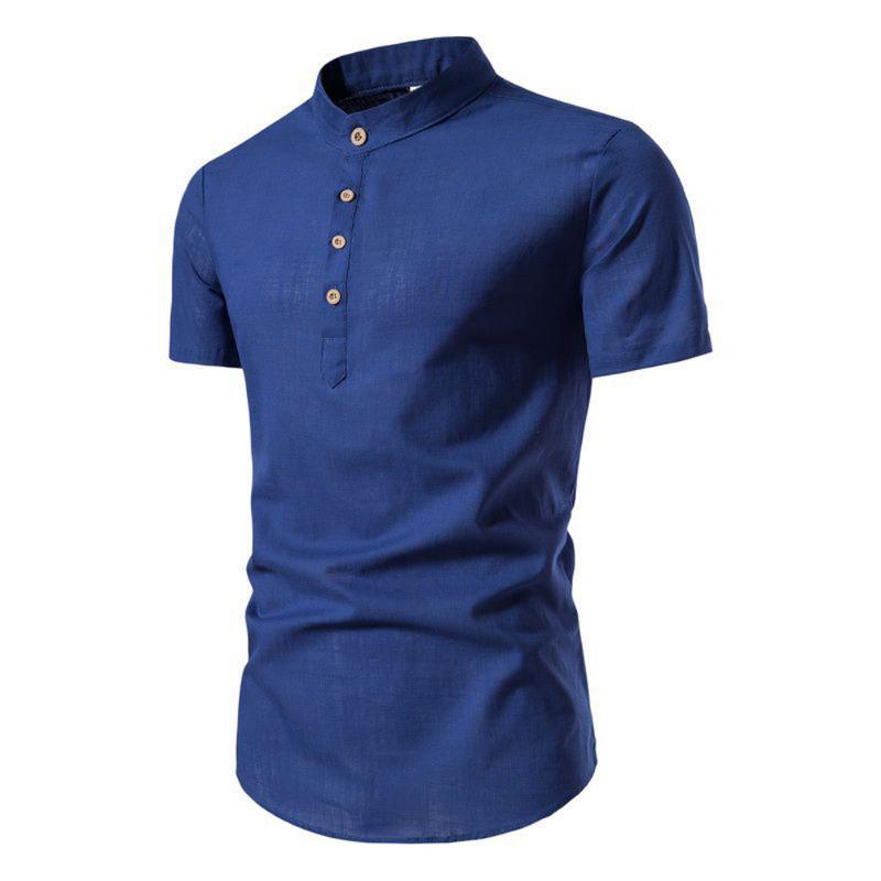 Baumwolle Leinen Herren Kragen Knopf Langarm Tops Sommer Grandad Shirt Bluse T-Shirt
