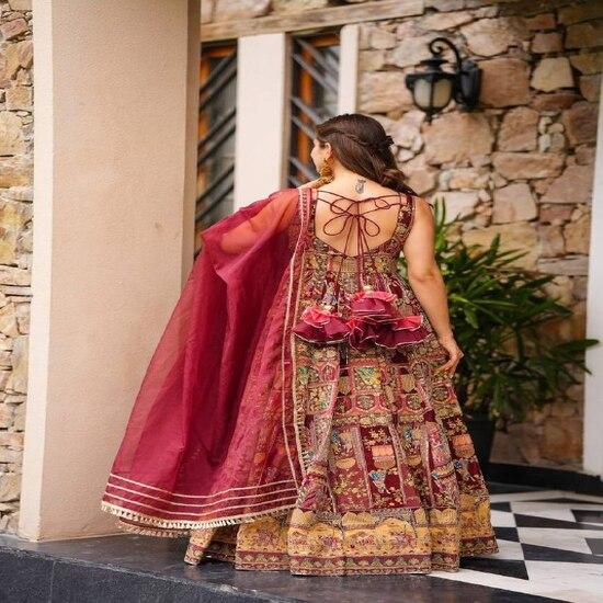 Maroon Multi-Print Traditional Lehenga Set with Dupatta