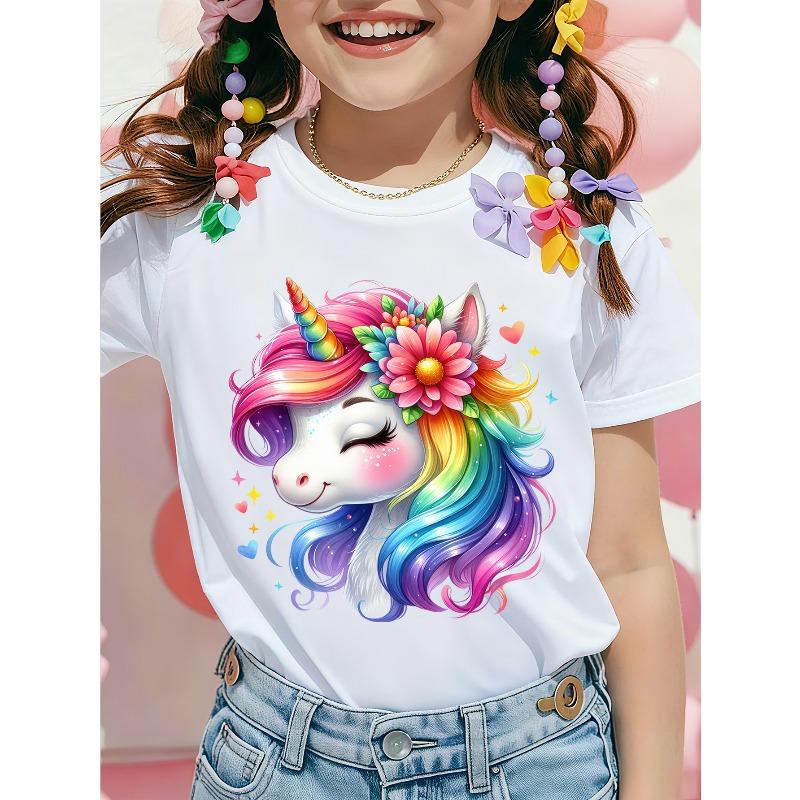 European sizes Girls Fashion T-Shirt, Comfortable and Breathable, Soft Short Sleeves, New Spring/Summer Cute Unicorn Print T-Shirt 110