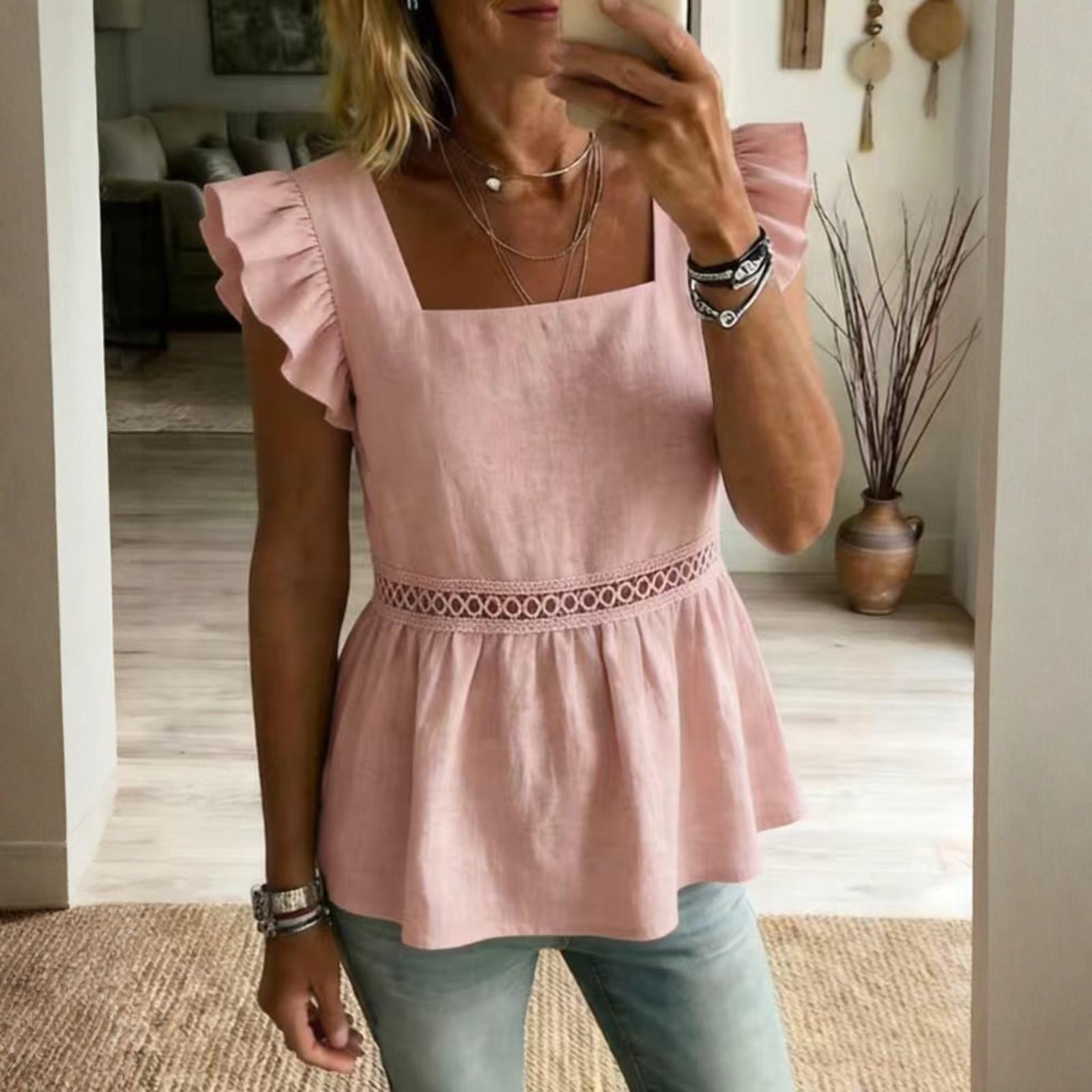 Стильный женский топ с квадратным вырезом, повседневными рукавами с оборками и дизайнерским элементом XL розовый