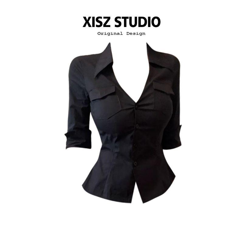 

Minimalist Commuter Style V-Neck Single-Breasted Long-Sleeve Shirt, Summer Chic Niche Slim-Fit Versatile Short Shirt Black [High Quality] S