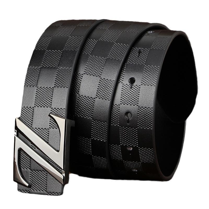 Men's Plaid Cowhide Belt with Stainless Steel Smooth Buckle