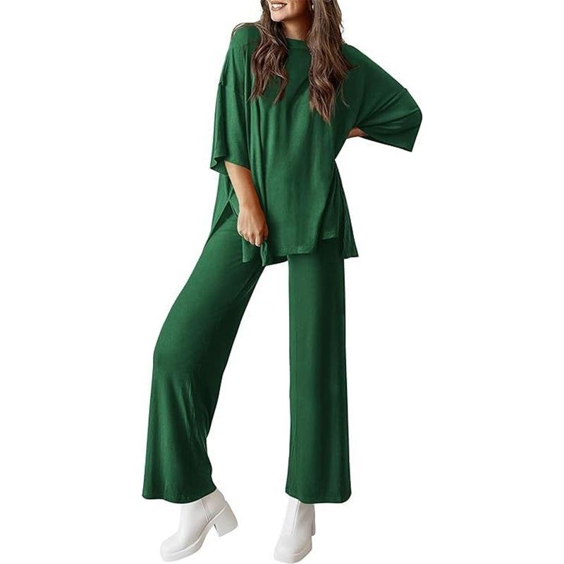 Women's 2 Piece Outfit Oversized Half Sleeve Top Wide Leg Pants Set Casual Loungewear