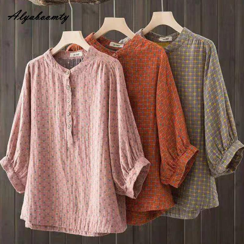 7 Colors Spring Summer Women Casual Blouse Stand Collar Pink Orange Yellow Blue Baggy Shirt Cotton Loose Ladies' Basic Blouse