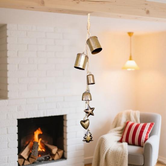 Rustic Christmas Bells Metal Tibetan Inspired Bells Decorative Cow Bells with 4 Bells On Hanging Rope for Home Door Mantel Decor