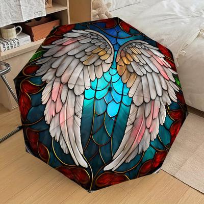 1pc Wings Stained Glass Pattern Umbrella  Automatic Opening and Closing Umbrella, High Quality Umbrella, Ideal Gift for Her 236