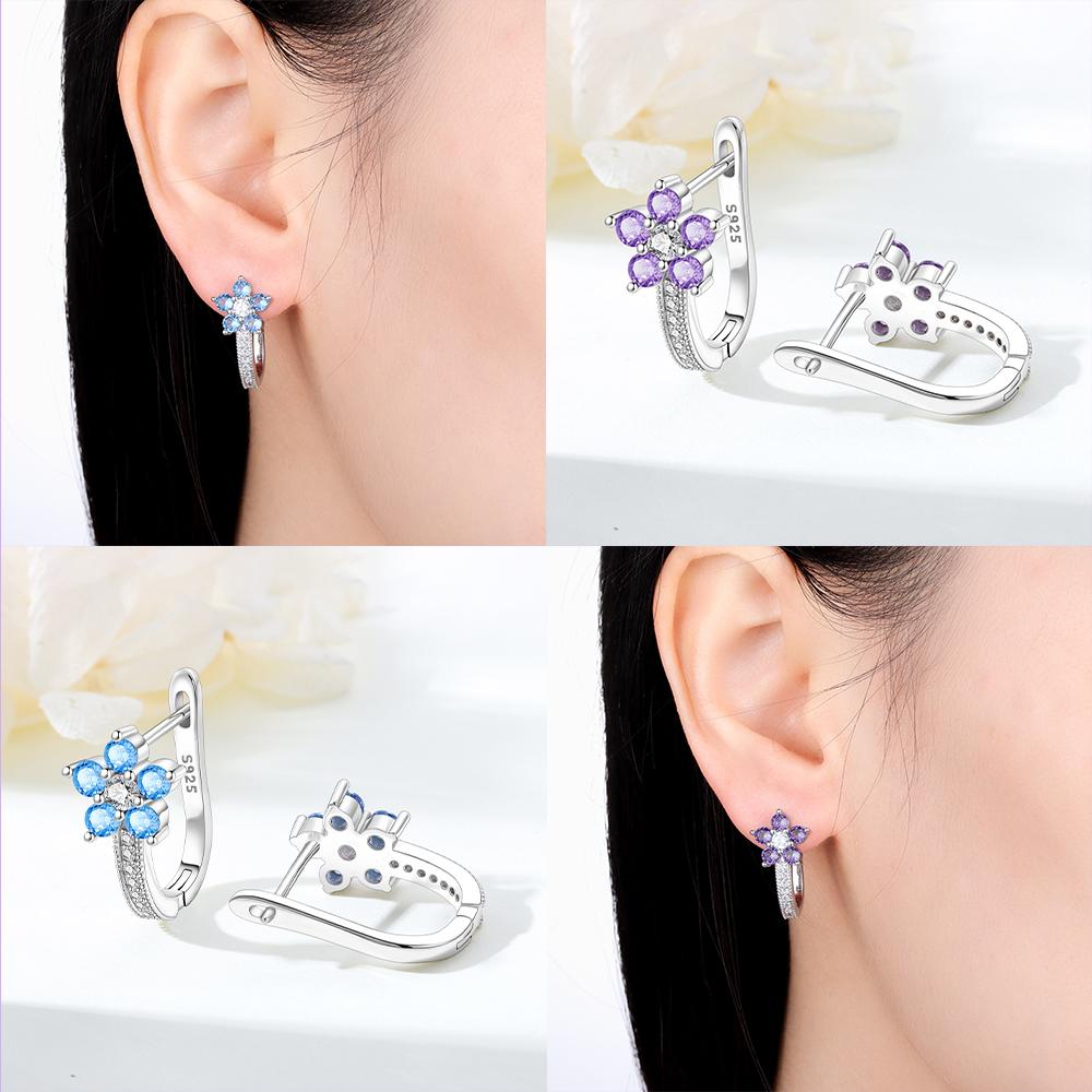 Earring S925 Silver Blue Zircon Flower Earrings Purple Zircon Women's Delicate Jewelry Anniversary Fine Gift