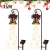 Iron Art Holiday Displays Solar Christmas Bell Waterfall Light, LED Metal Garden Stake with Red Ribbon, Festive Front Yard Illumination Auto