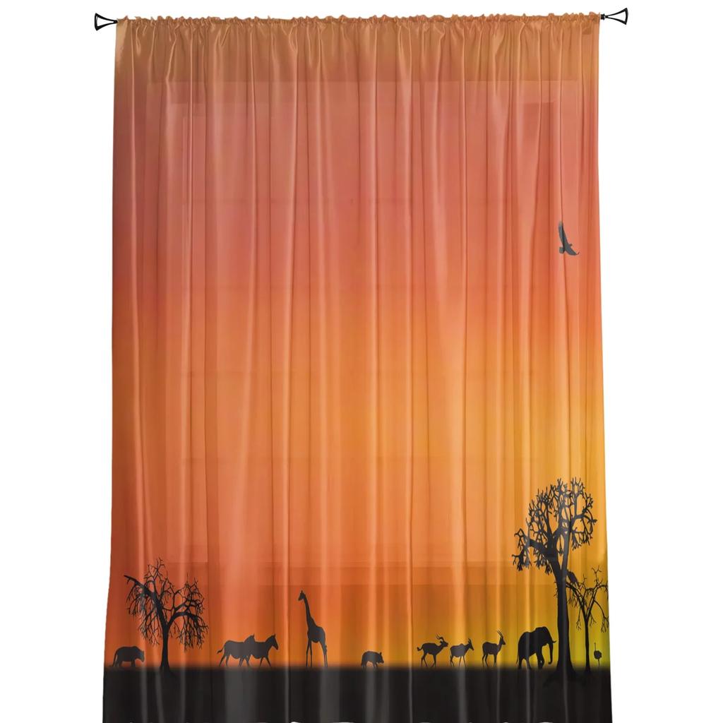 Africa Animal Giraffe Elephant Animal Silhouette Tulle Sheer Curtains Living Room Bedroom Window Curtain Voile Organza Drapes