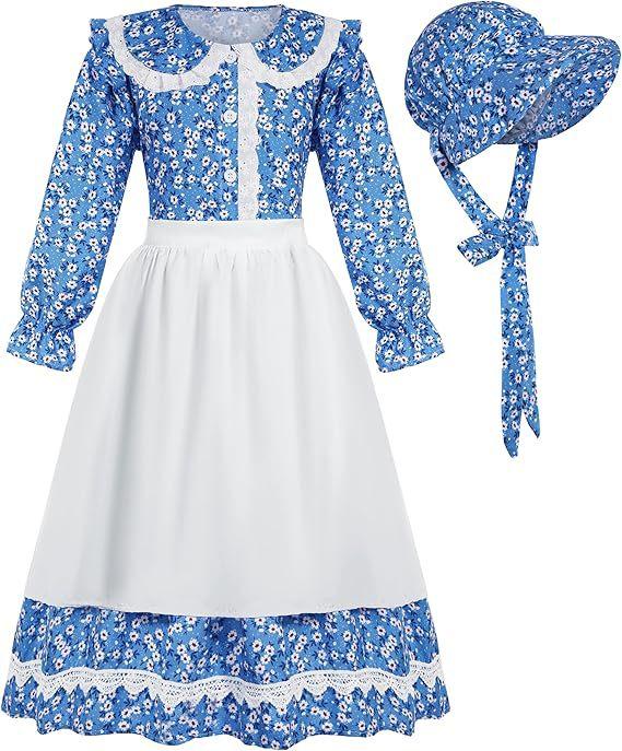 Girls Floral Prairie Dress with Apron and Hat for Kids 100