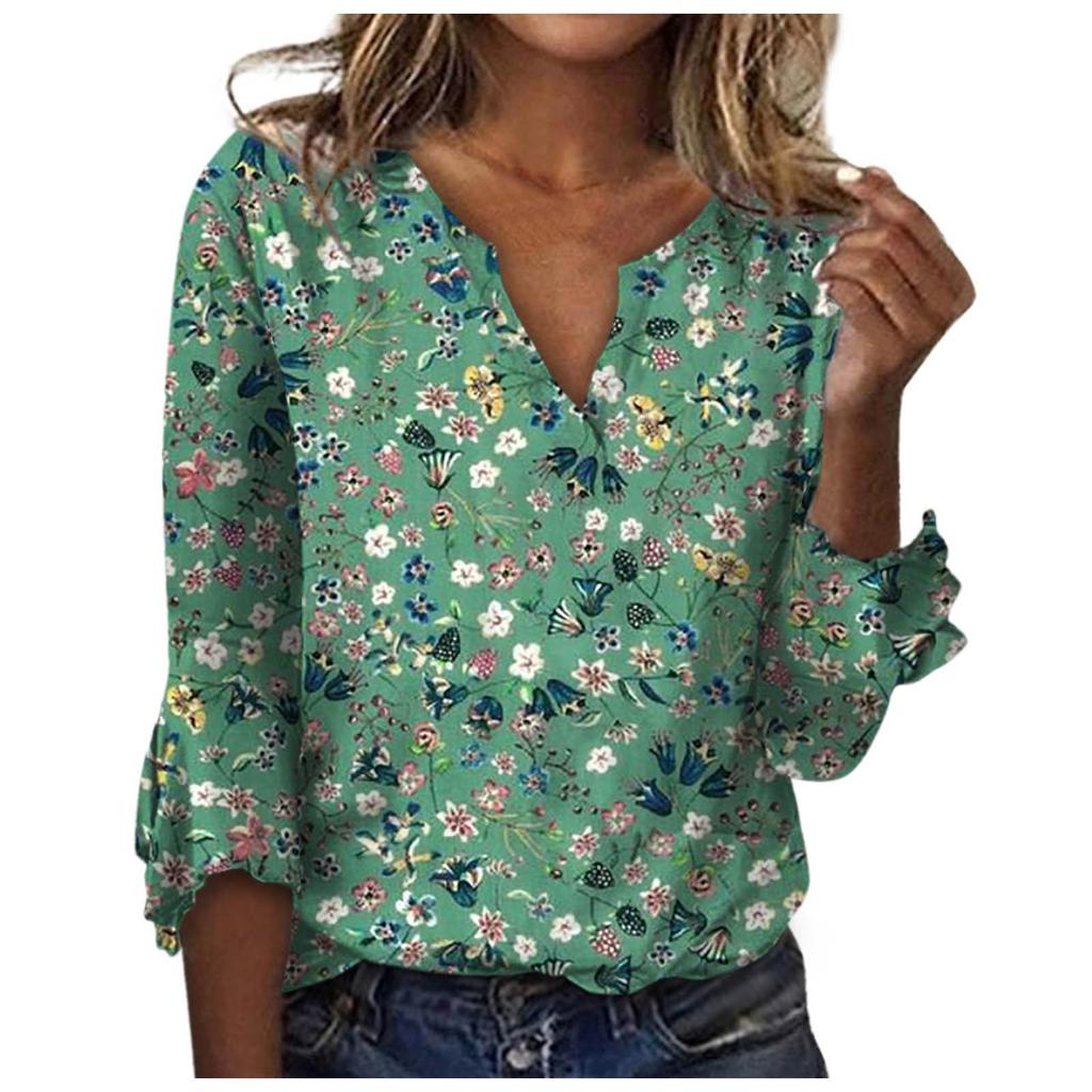 Summer V-neck  Shirt For Women Floral Print Tunic Summer Tops Dressy Casual Bell 3/4 Sleeve V Neck Spring Blouses