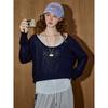 Coolhut V-Neck Simple Commuter Style Navy Blue Long-Sleeved T-Shirt 2025 Autum New Women's Knitwear Sweater