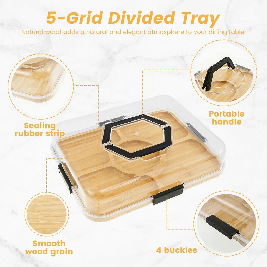 Wood Charcuterie Tray Cheese Board with Clear Lid Compartments Snack Portable Box Dinner Plates Hotel Kitchens Party Sets