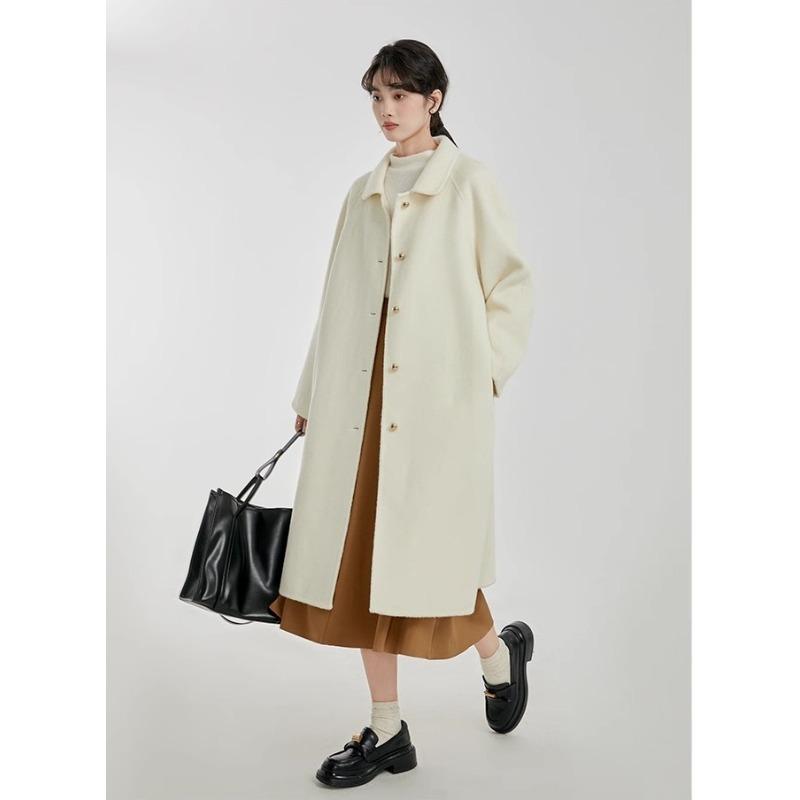 Winter Fashion Red Wool Coat Women Loose Mid Long Simple Elegant Premium Tweed Jacket