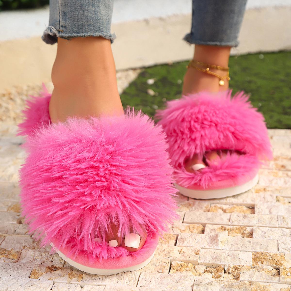 Flauschige Hausschuhe Damen Zuhause Plüsch Pantoletten Frau für Hausschuhe Mode Weiblich Indoor Komfort Haus Flip Flop 43 rose rot