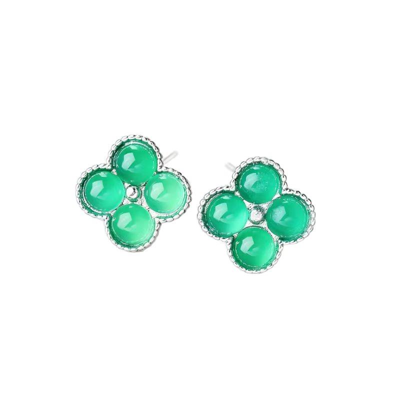 

Emerald Green Agate Four-Leaf Clover Earrings for Women - Silver Plated Jade Ancient Style Jewelry